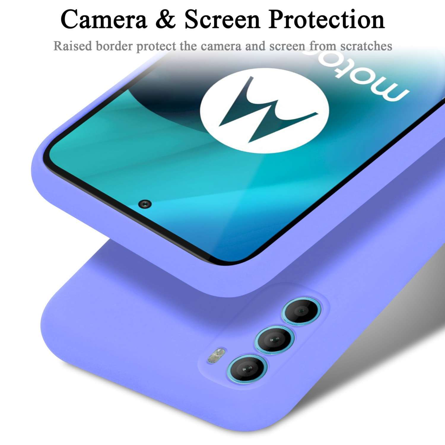 Una custodia per telefono color lavanda protegge lo schermo e la fotocamera del telefono.