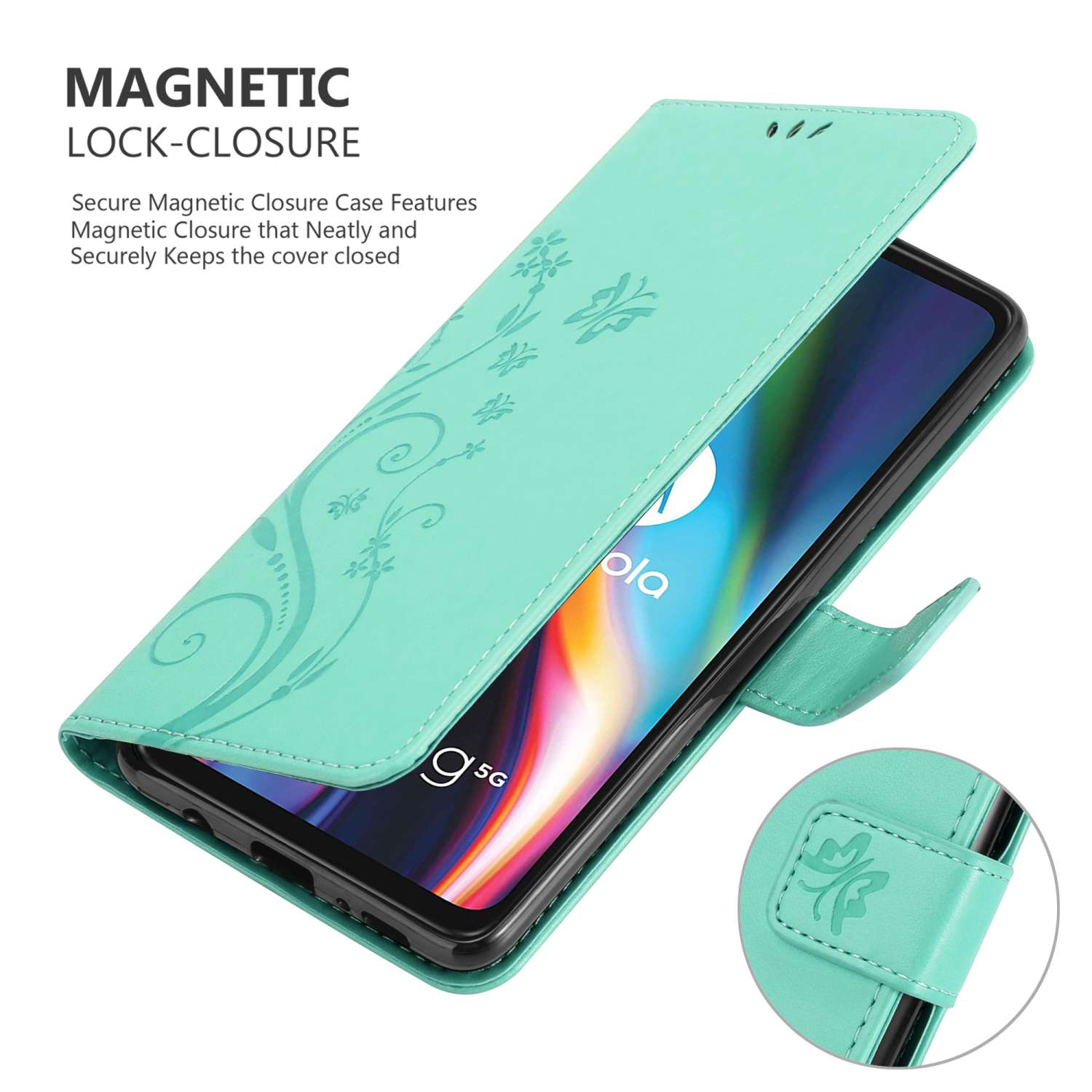 Una custodia per telefono verde acqua con un motivo floreale, aperta. Il telefono è visibile.
