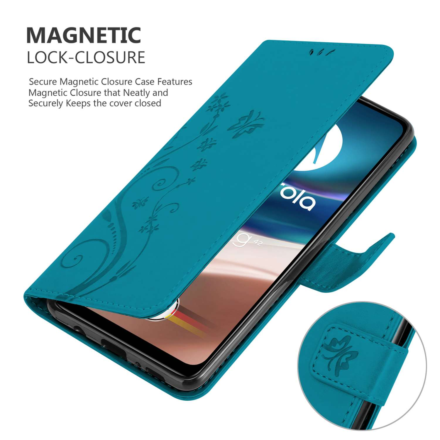 Custodia turchese aperta, mostra lo schermo del telefono. Chiusura magnetica con motivo floreale.