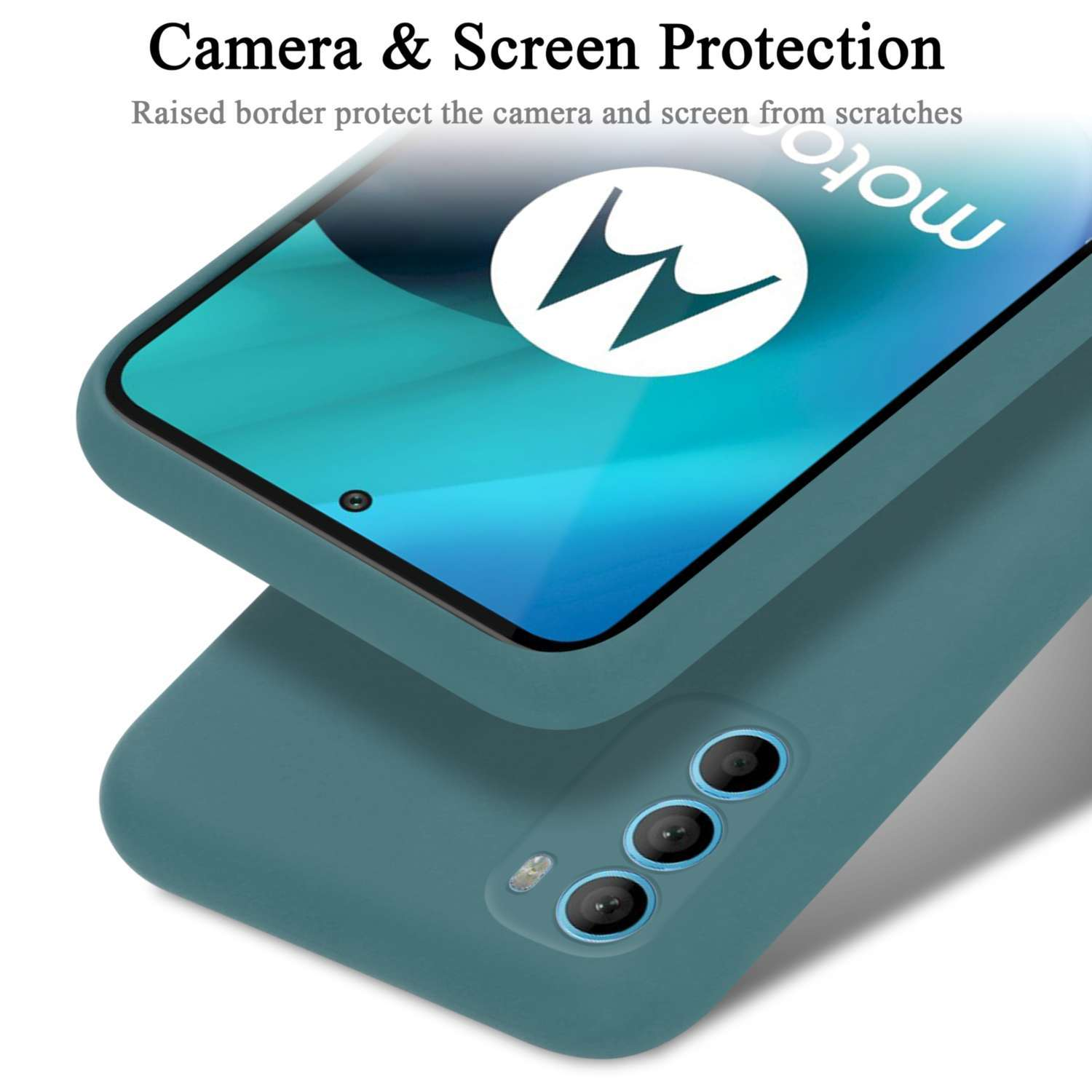 Custodia per telefono verde acqua sopra un'altra, con un telefono Motorola. La custodia protegge la fotocamera.