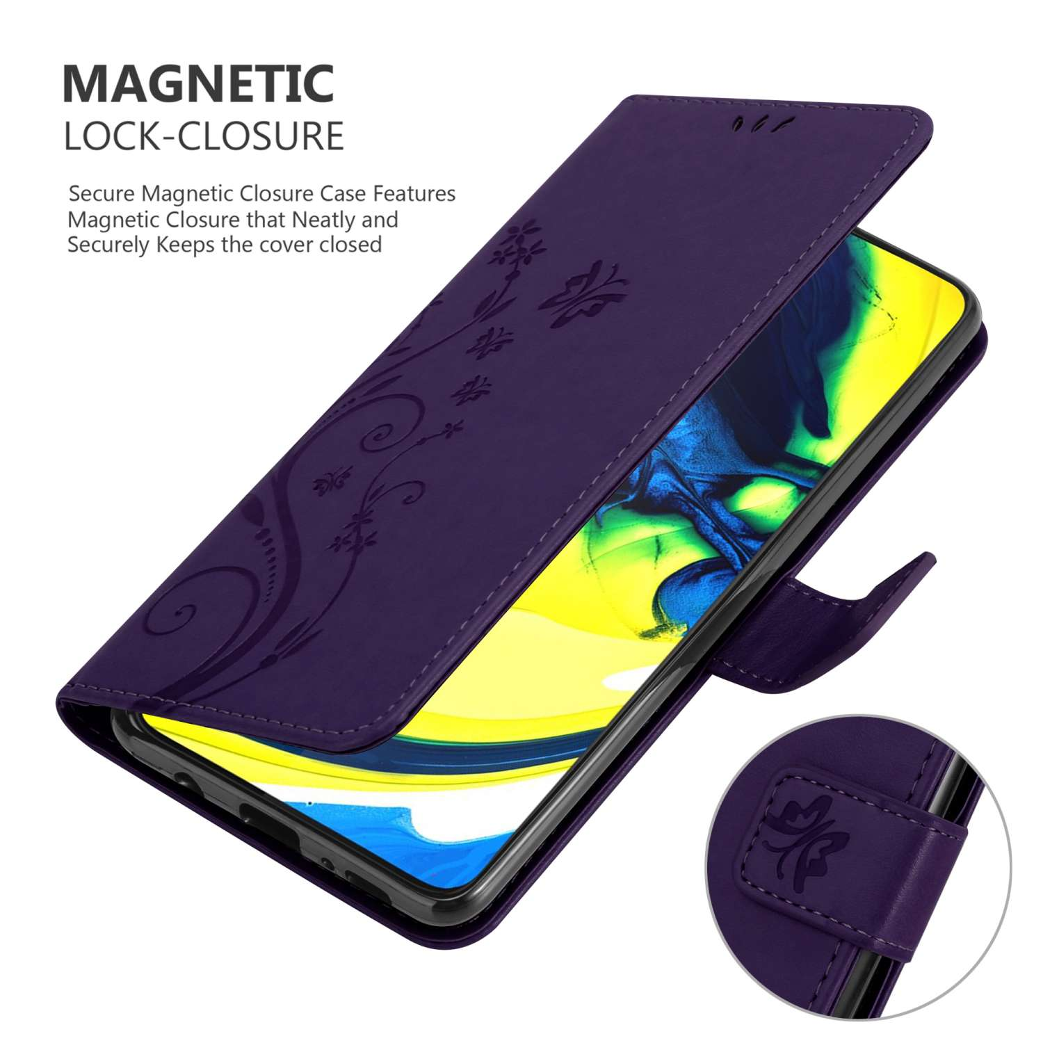 Custodia viola aperta. Chiusura magnetica. Motivo floreale. Schermo del telefono visibile.