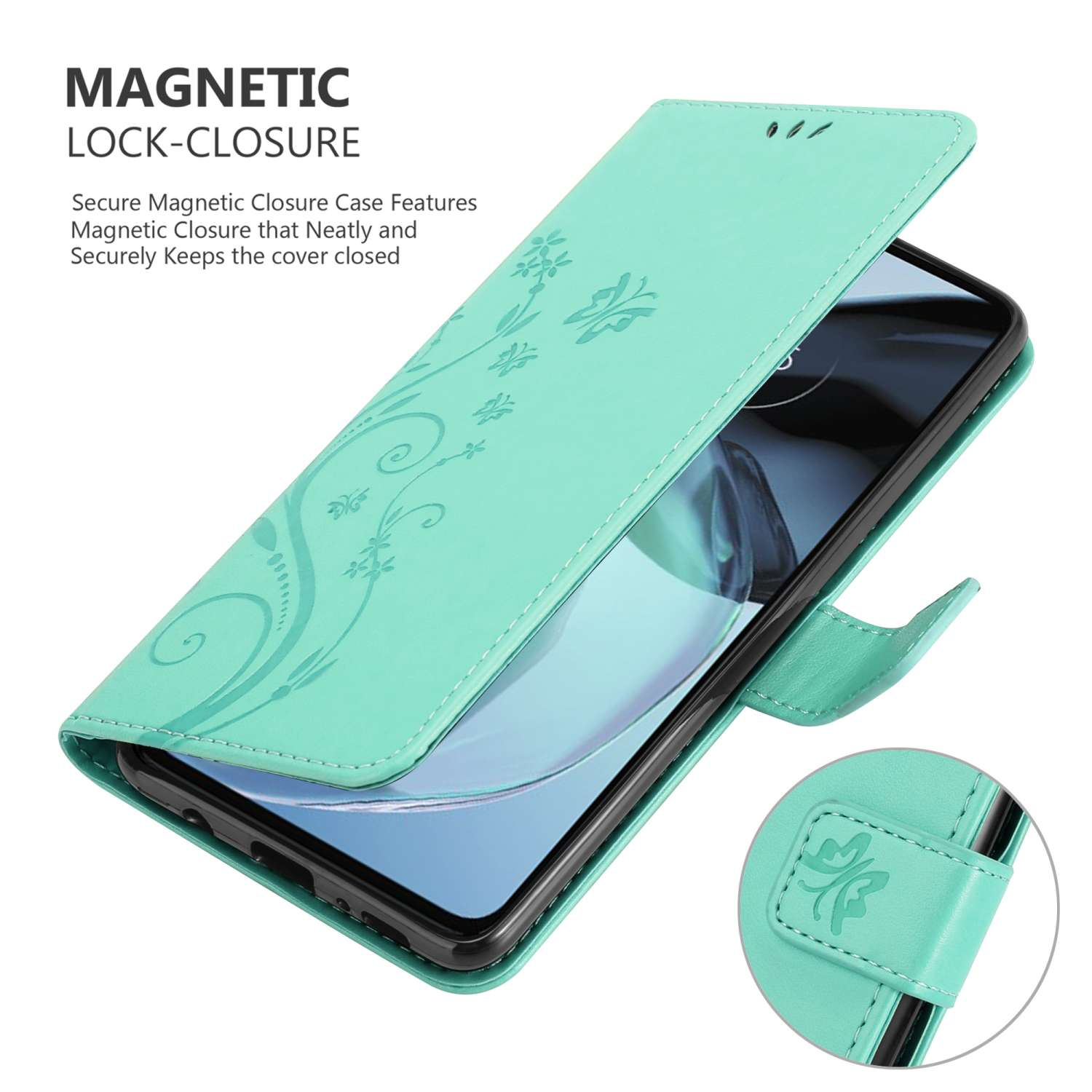 Custodia per telefono verde menta aperta con design floreale. Lo schermo del telefono è visibile con chiusura magnetica.