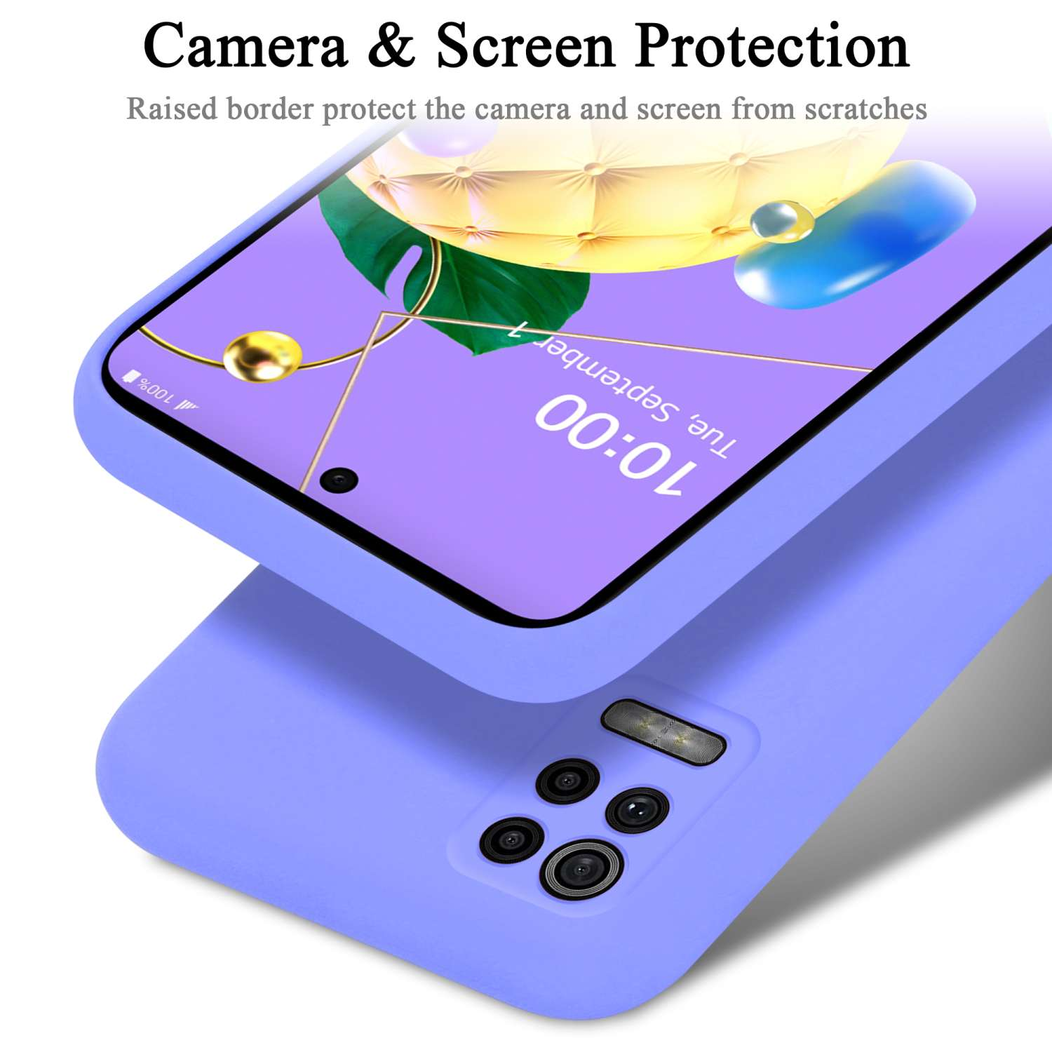 Una custodia per telefono viola chiaro. Lo schermo del telefono mostra l'ora. Viene menzionata la protezione della fotocamera e dello schermo.