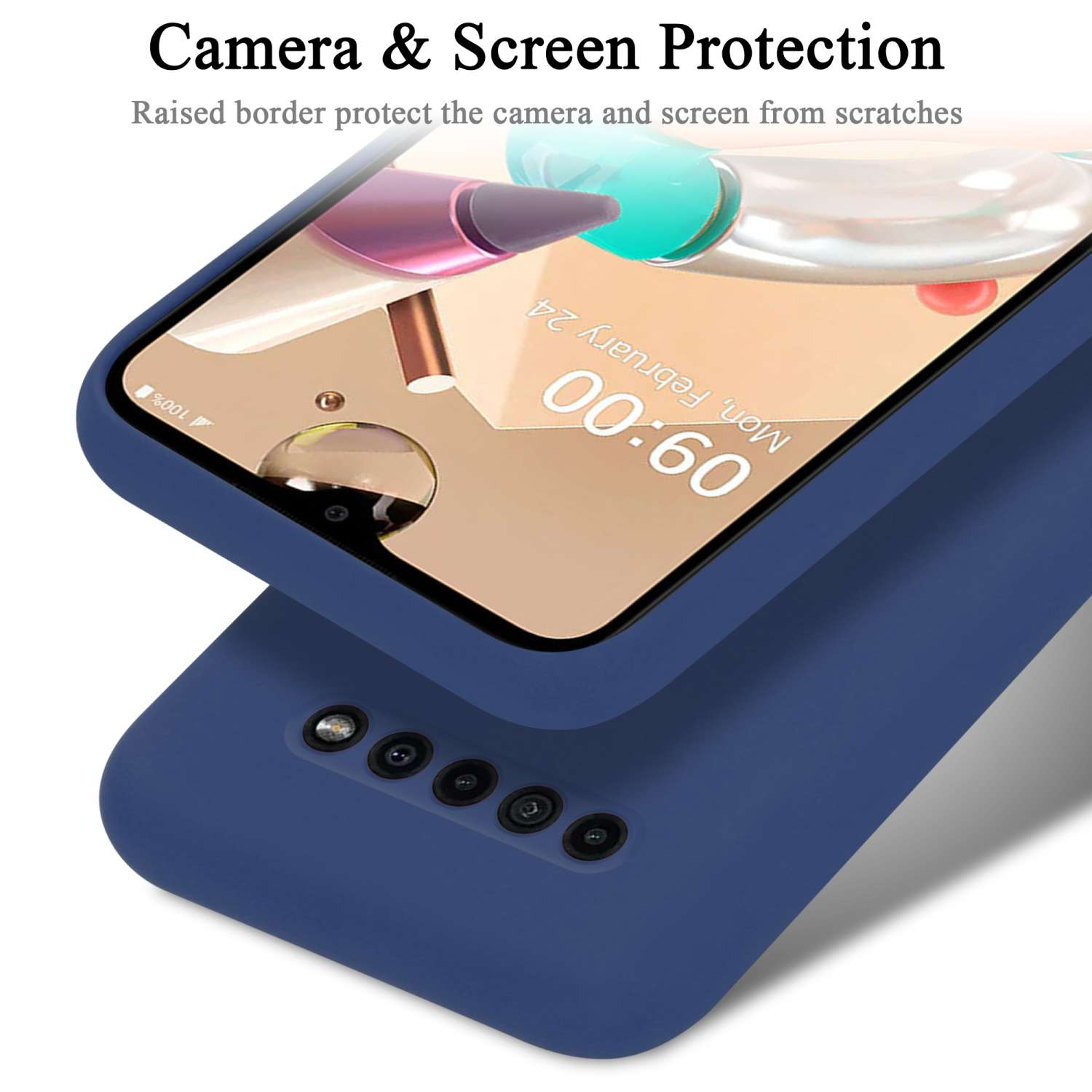 Custodia per telefono con una custodia blu scuro che protegge un telefono. Lo schermo mostra un orologio.