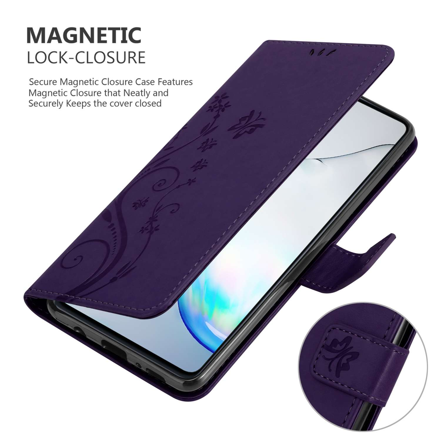 Custodia viola con design floreale aperta, schermo visibile. Testo: 'Magnetic Lock-Closure'.