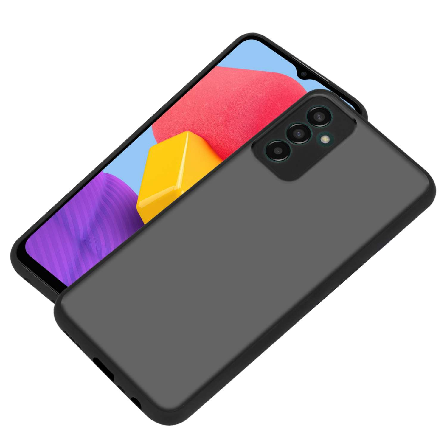 Ein Telefon in einer schwarzen Hülle. Das Telefon ist angewinkelt und zeigt den Bildschirm mit farbenfrohem Hintergrund.