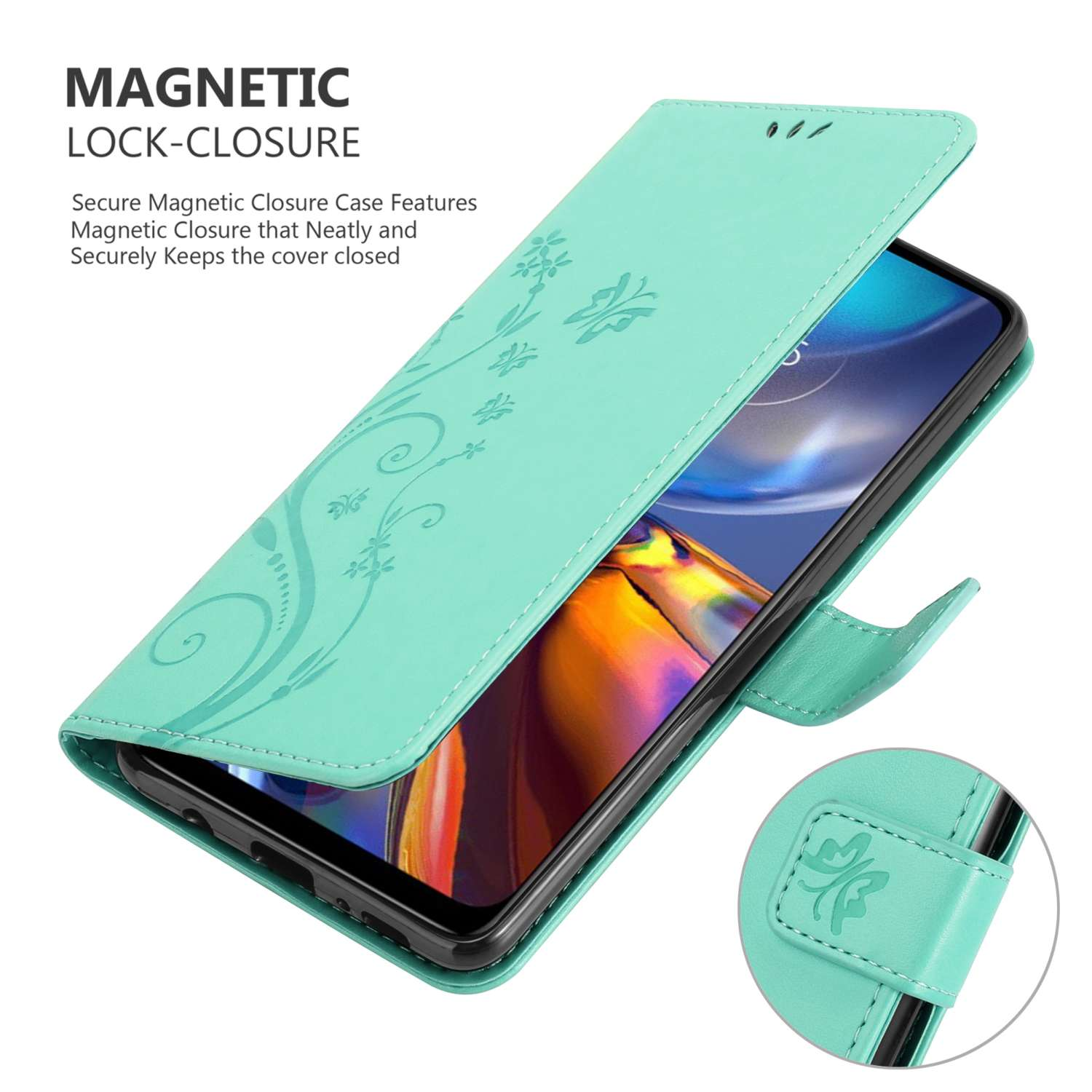 Una custodia per telefono verde acqua, aperta. L'interno è uno schermo del telefono con un design floreale.