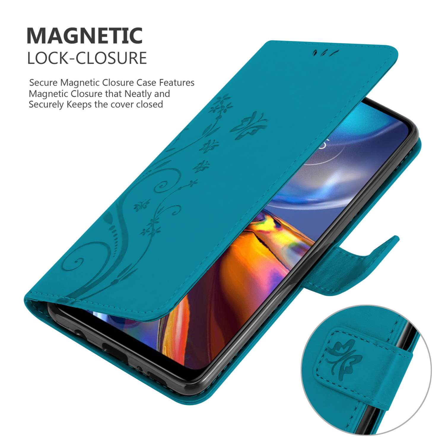 Custodia per telefono verde acqua con un design floreale. La custodia è aperta, rivelando il telefono.