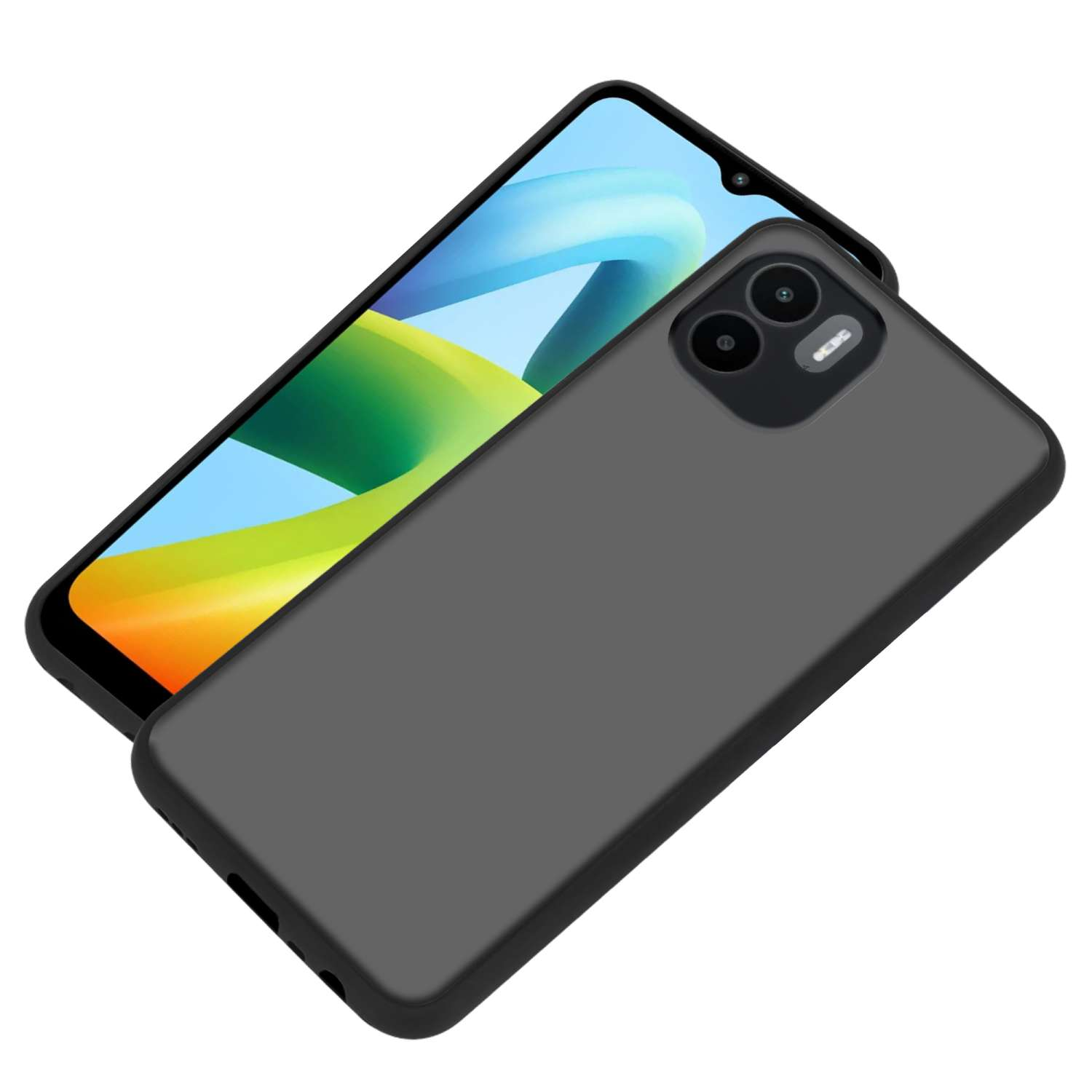 Custodia per telefono nera e telefono. Lo schermo del telefono visualizza un design astratto colorato.