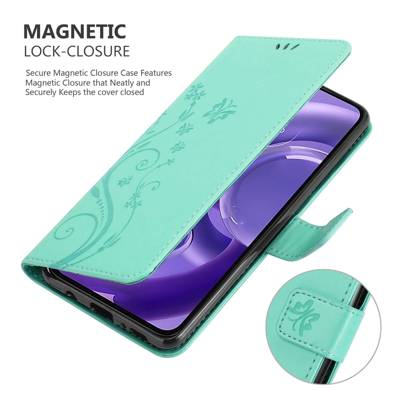 Custodia per telefono verde menta, aperta, su un telefono con un motivo floreale. Testo: 'Chiusura magnetica'.