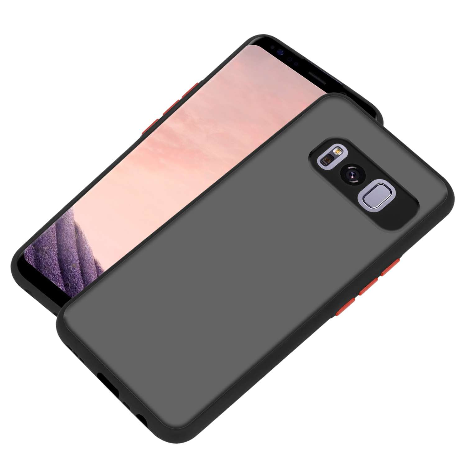 Zwei Telefone; ein Telefon mit dunkelgrauer Hülle liegt auf einem Telefon mit glänzendem Bildschirm.