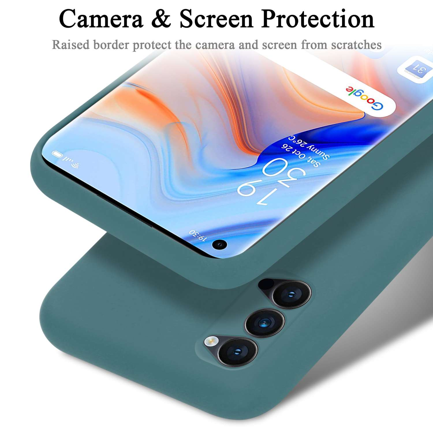 Ein Telefon in einer türkisfarbenen Hülle mit Text: Kamera- und Bildschirmschutz. Die Hülle bedeckt Kamera und Bildschirm.