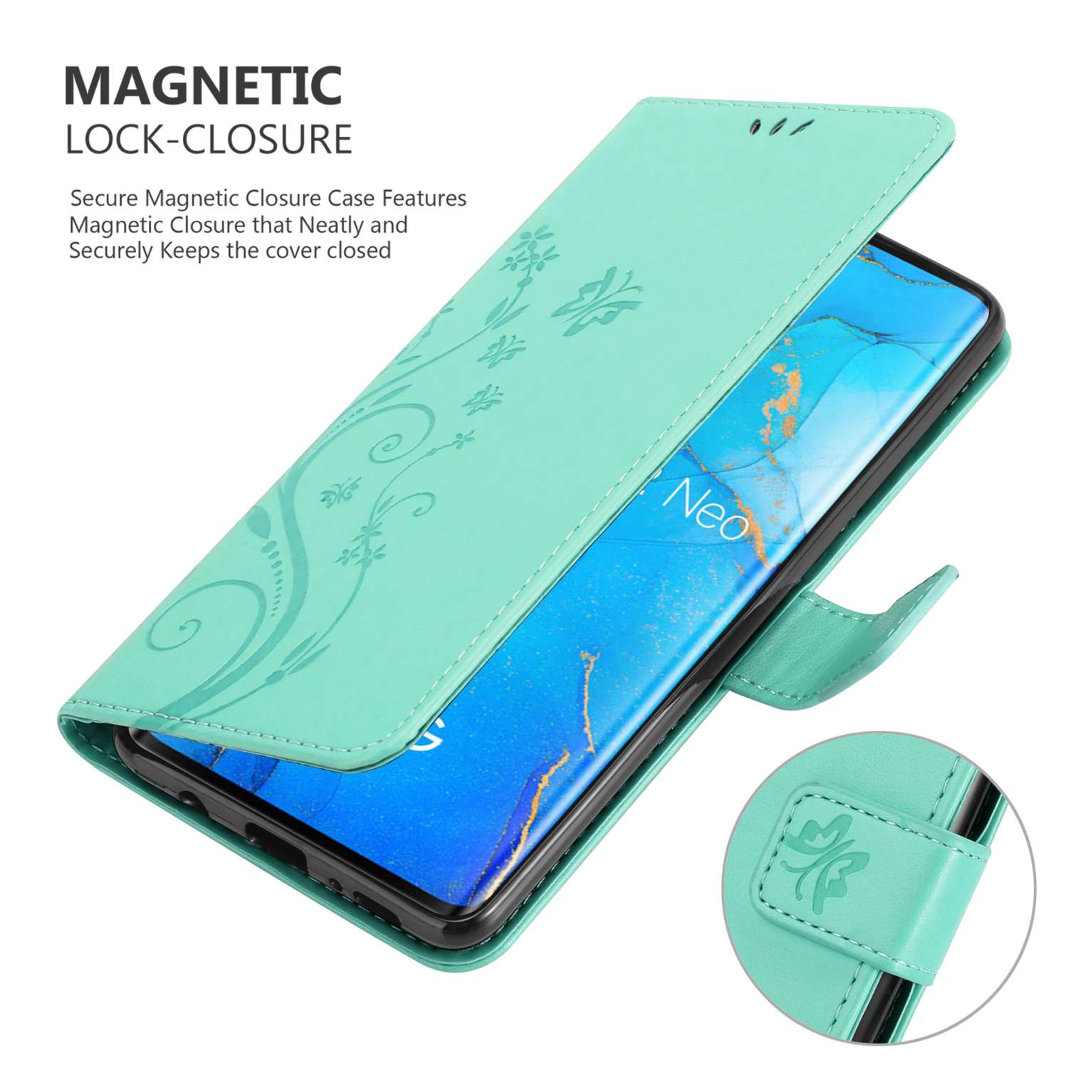 Custodia per telefono turchese, aperta che mostra il telefono. Chiusura magnetica, design floreale sulla cover.