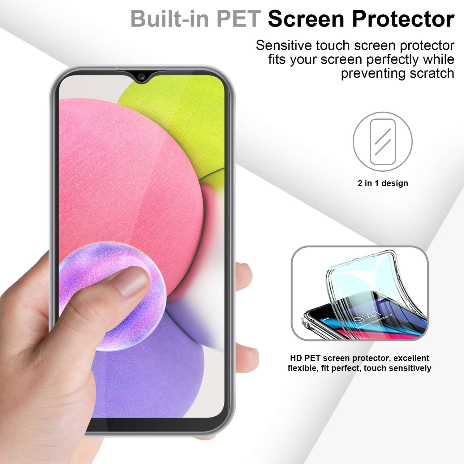 Mano che tiene il telefono con protezione schermo, con visuale della protezione e del telefono.