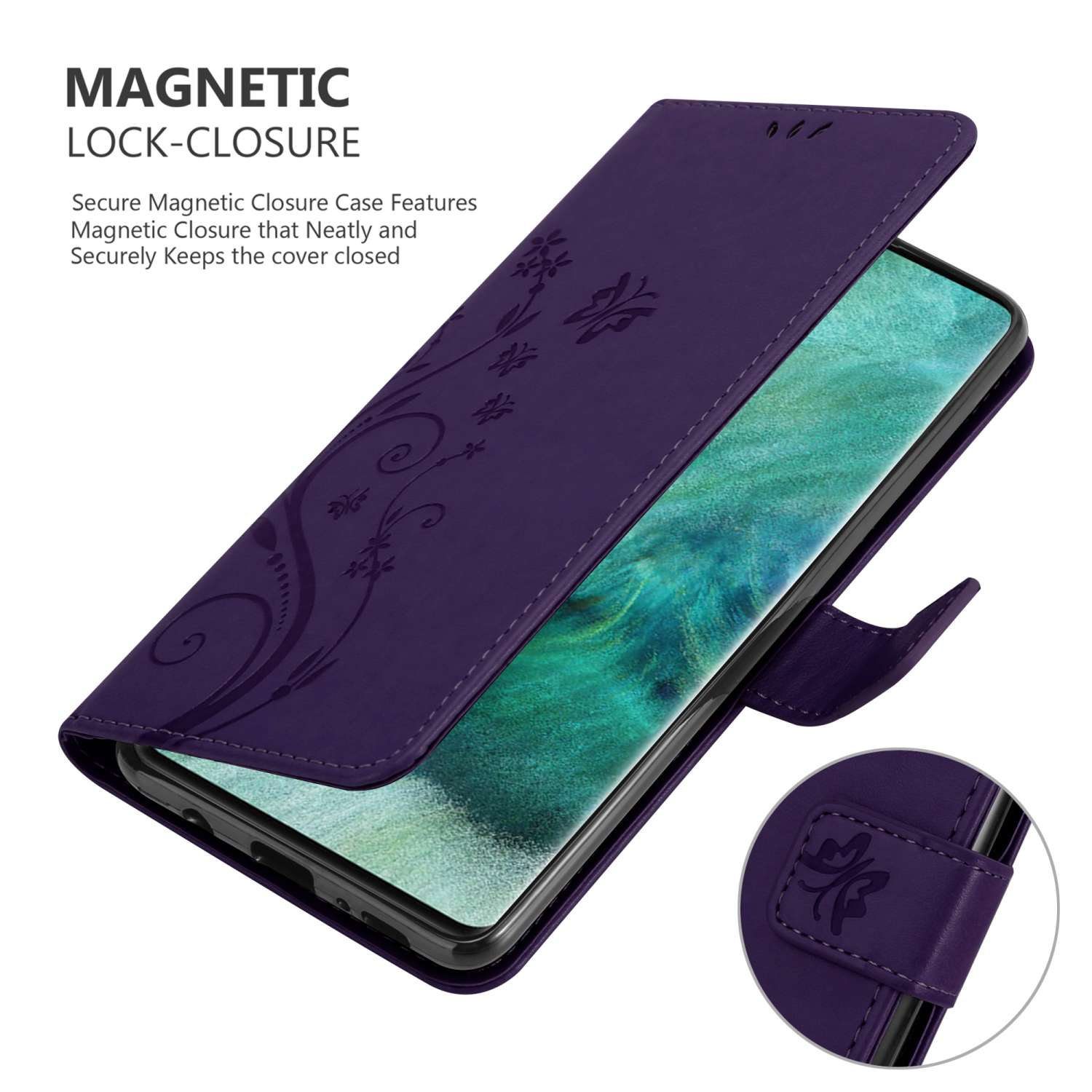 Una custodia per telefono viola aperta, che rivela un telefono con un design floreale. È visibile un piccolo fermaglio decorato.