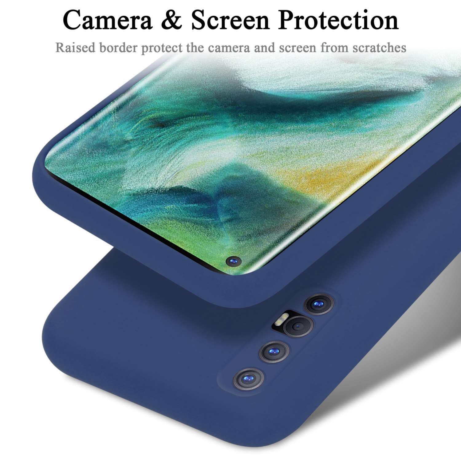 Blaue Handyhülle auf Telefon mit Kameraschutz und Dreifachkamera.