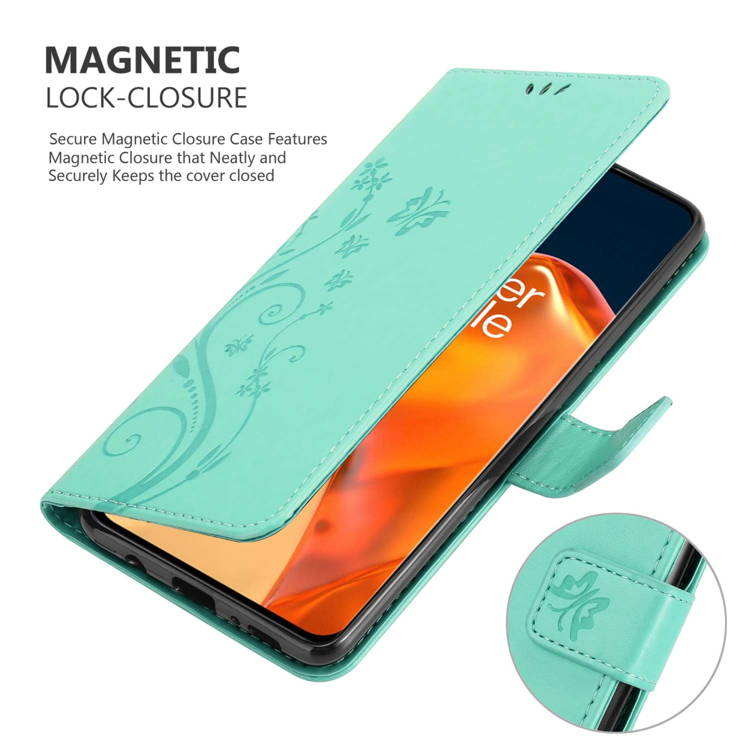 Una custodia per telefono verde acqua con un design floreale, aperta che mostra uno schermo del telefono e una chiusura magnetica.