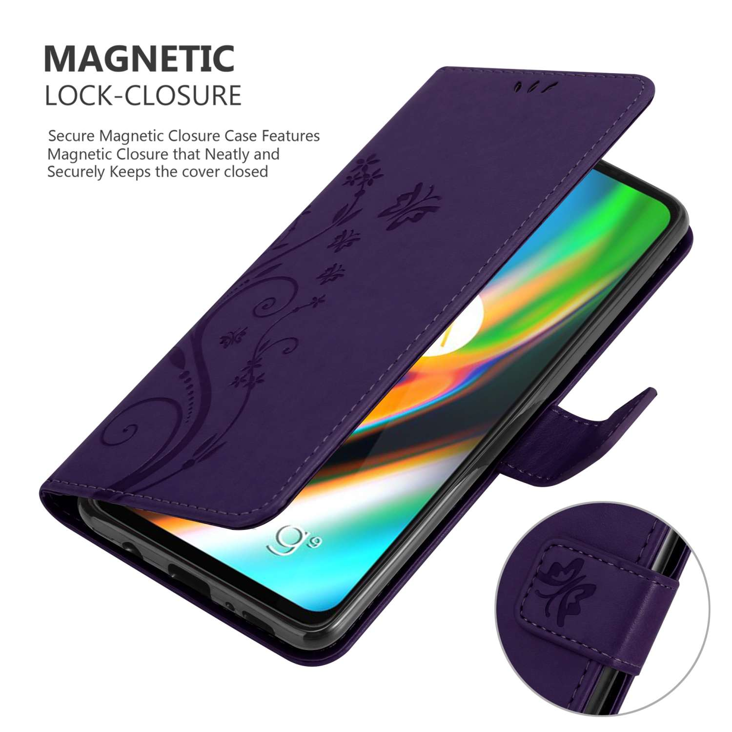 Custodia viola, aperta, con schermo del telefono. Design floreale sulla cover.