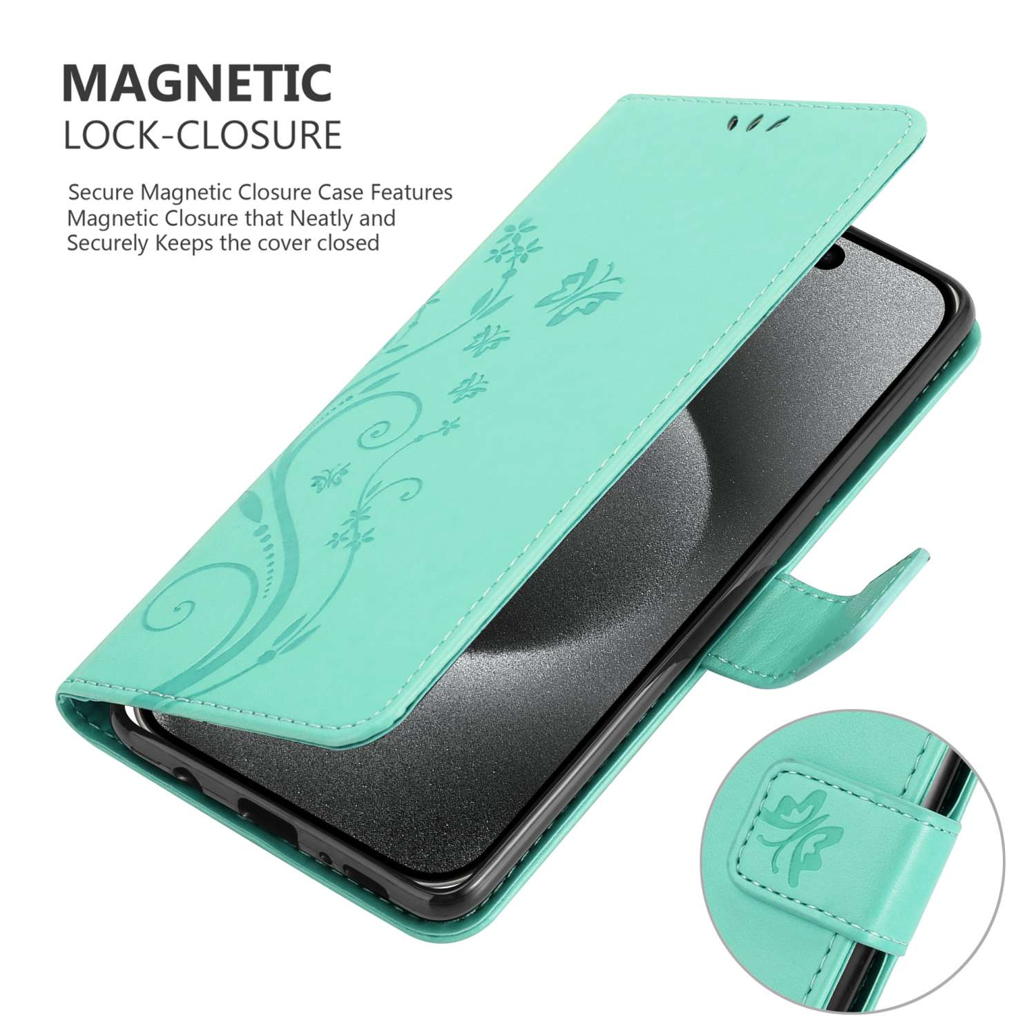 Custodia per telefono verde menta aperta. Design floreale, schermo del telefono nero visibile, con chiusura magnetica.