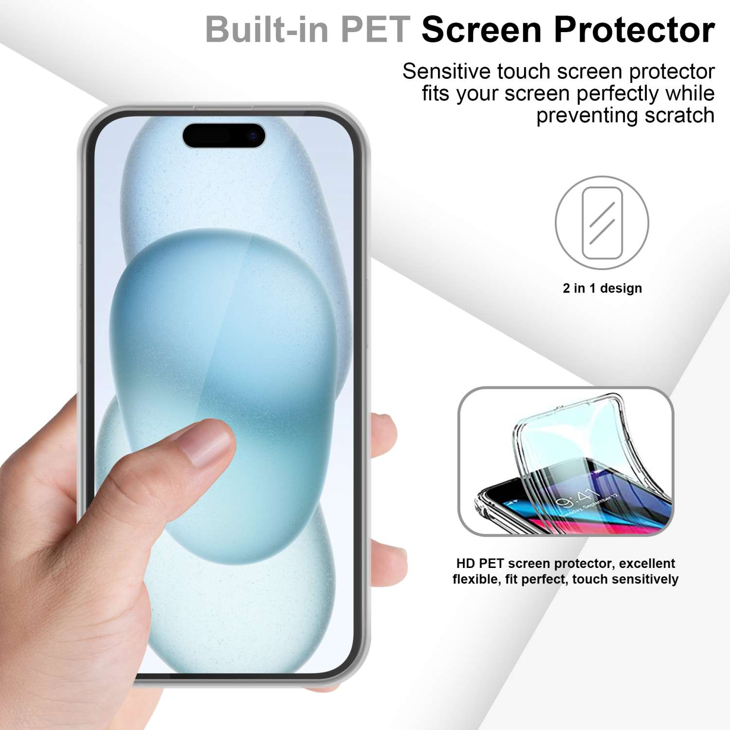Mano che tiene il telefono con protezione schermo. Testo: 'Protezione schermo PET integrata'. Design 2 in 1.