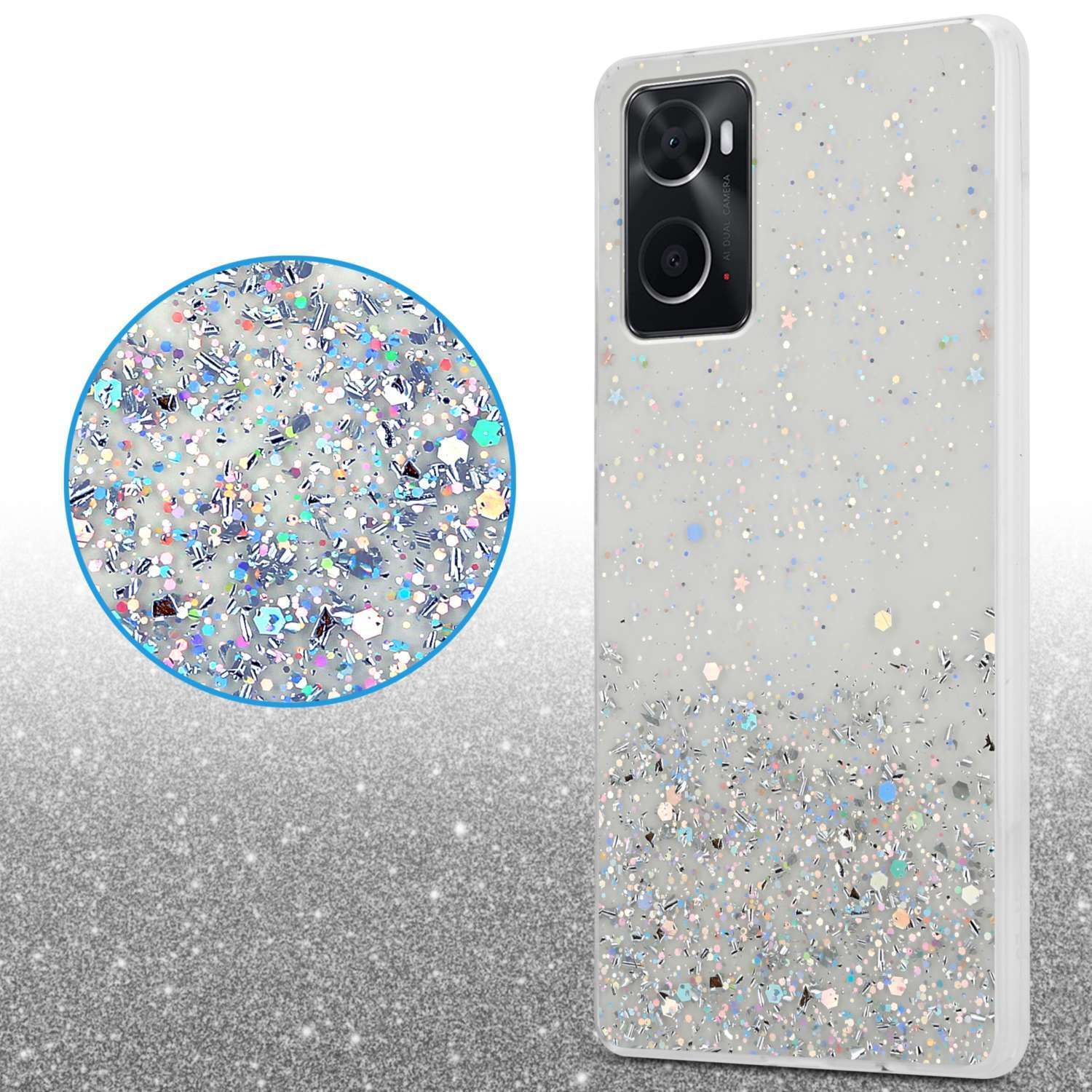 Custodia per telefono bianca con glitter e un piccolo primo piano circolare di glitter.
