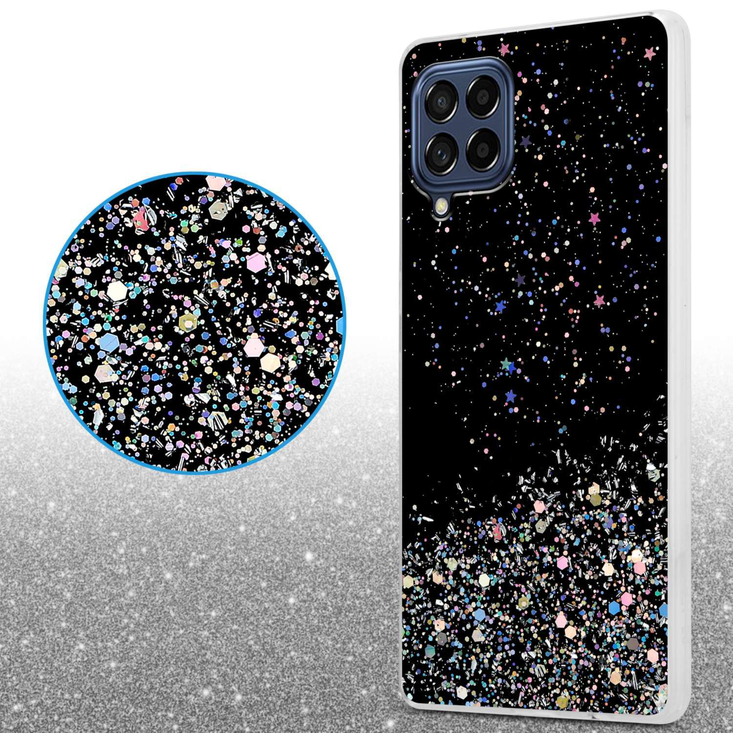Una custodia per telefono con un design nero e bianco glitterato. Un primo piano mostra il dettaglio glitterato.