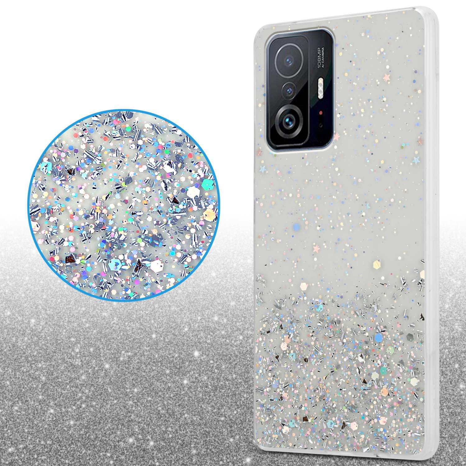 Una custodia per telefono con un design bianco glitterato e colorato, con la fotocamera del telefono che mostra su uno sfondo bianco.