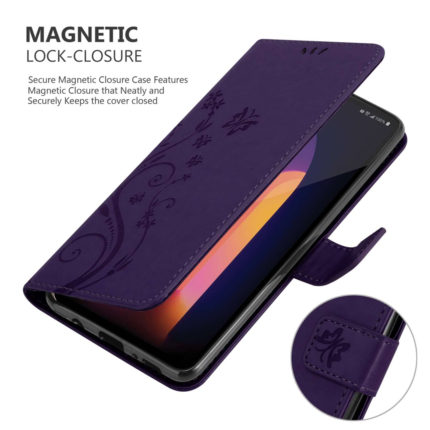Custodia del telefono viola aperta, design floreale, telefono all'interno. Testo: Magnetic Lock-Closure. Chiusura sicura.