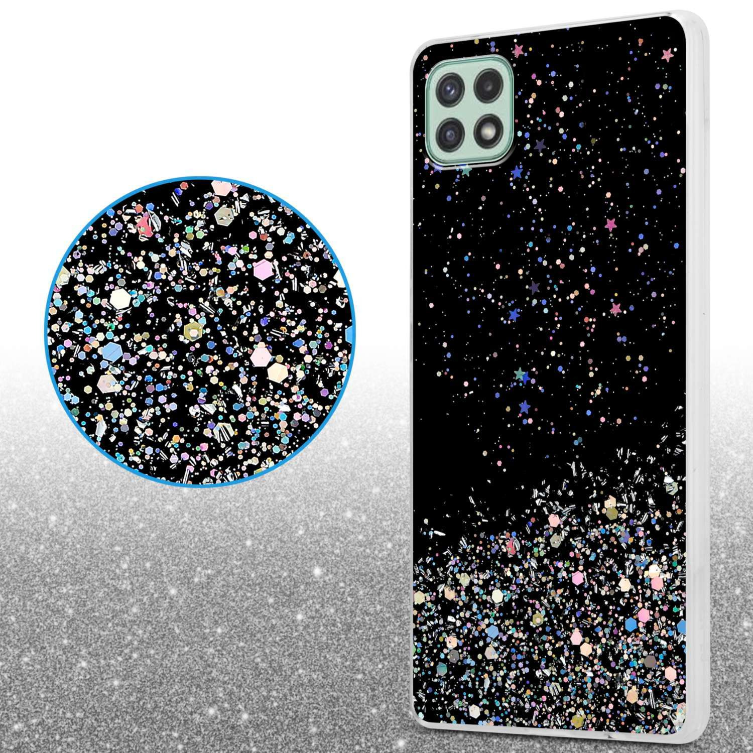 Custodia per telefono con sfondo nero e design glitterato scintillante. Colori iridescenti.