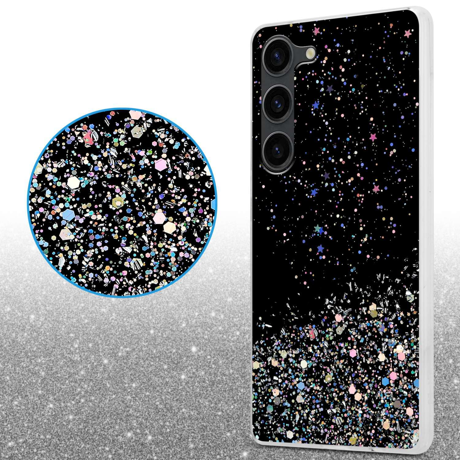 Custodia per telefono nera con design glitterato. Cerchio di esempio di glitter. Ha tre fori per fotocamera.