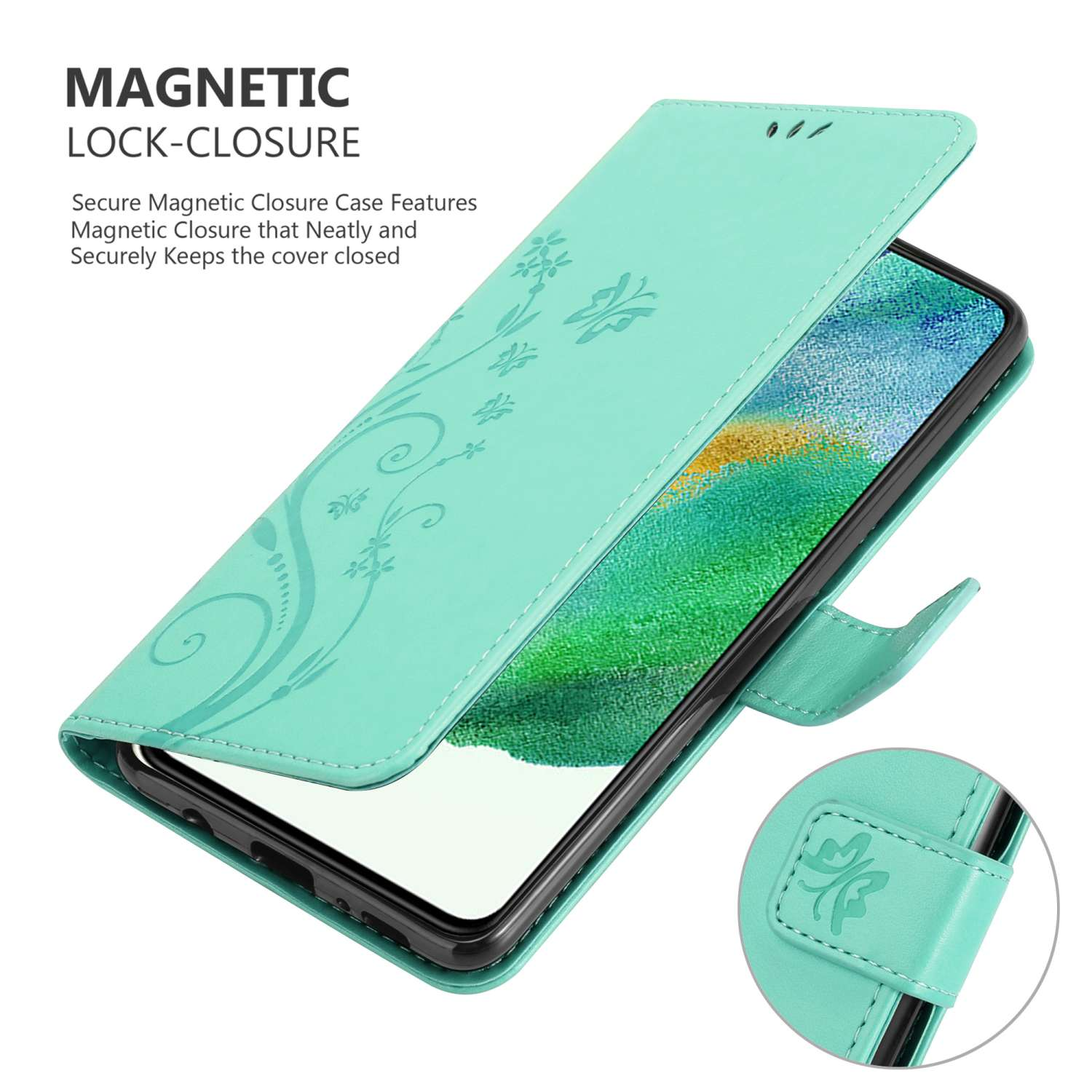 Una custodia per telefono verde acqua, aperta per rivelare il telefono. Ha un design floreale e una chiusura magnetica.