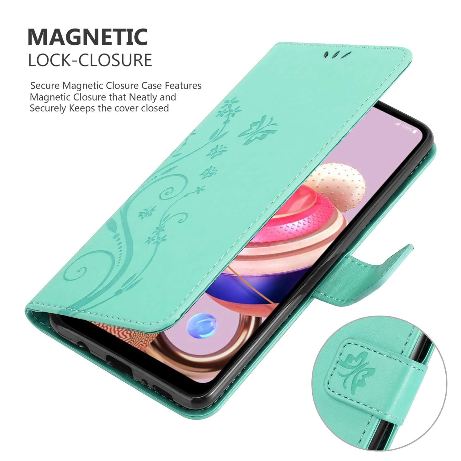 Una custodia per telefono verde, aperta, che mostra un telefono all'interno, con un design floreale e chiusura magnetica.