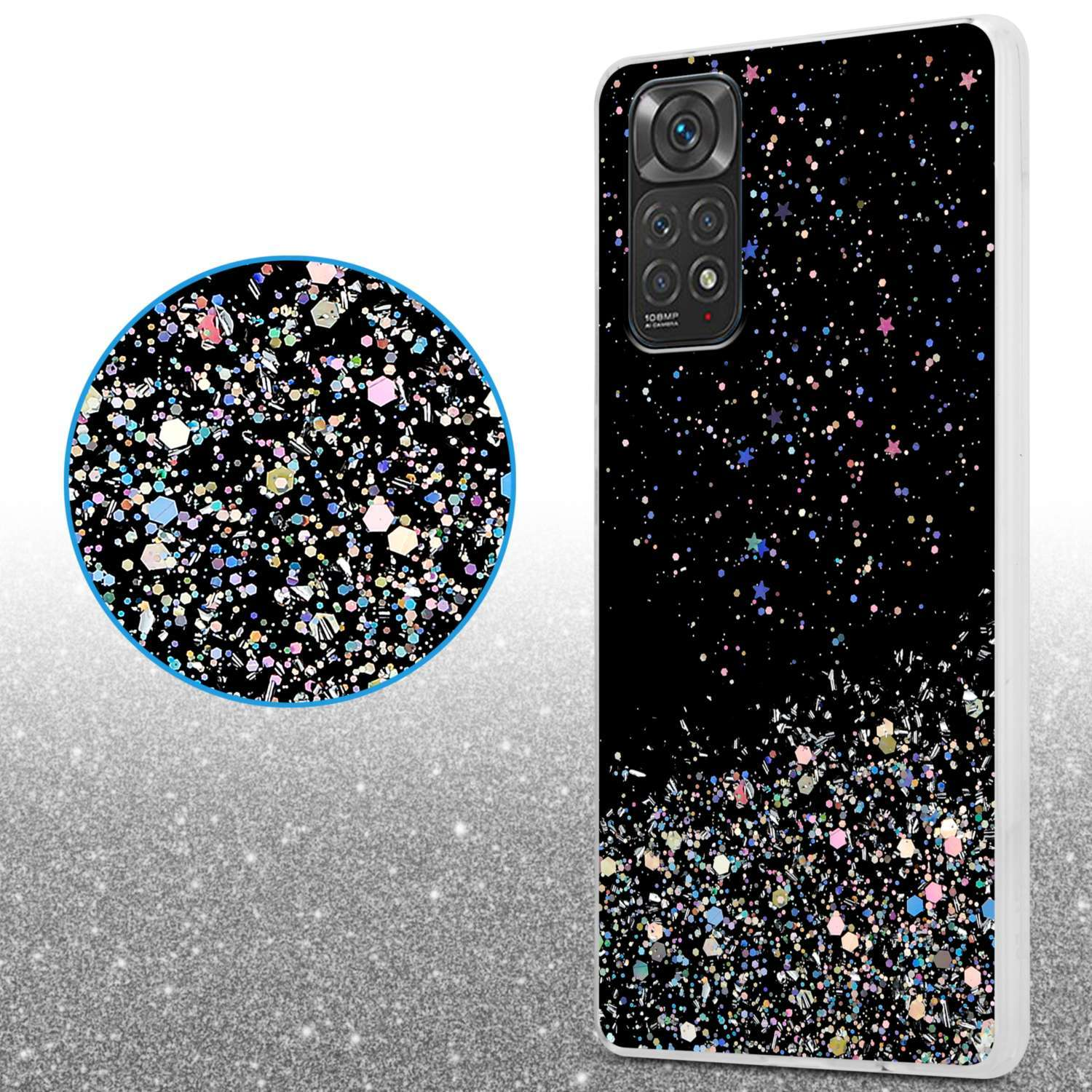 Custodia per telefono nera con design glitterato. Primo piano dell'effetto glitter. Sfondo bianco.