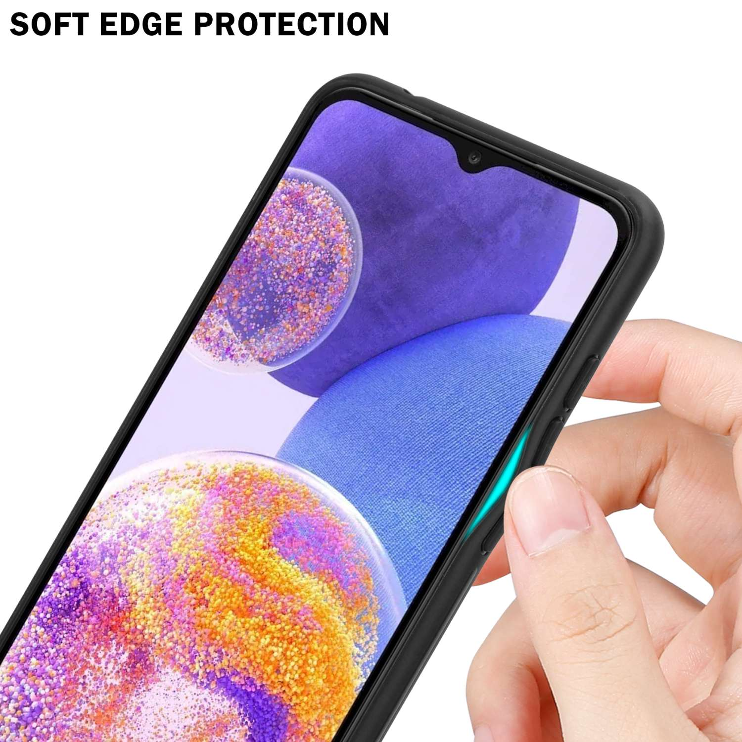 Mano che tiene un telefono con custodia nera. Lo schermo mostra un design astratto. Testo: Soft Edge Protection.