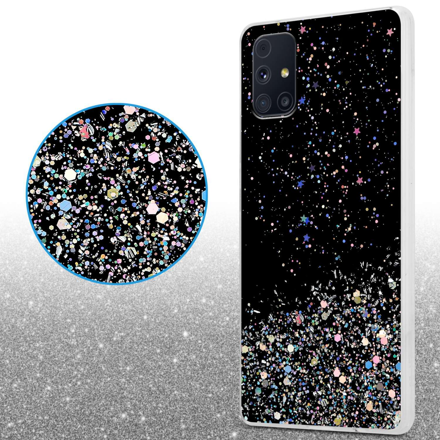 Custodia per telefono nera con glitter. Un primo piano circolare di glitter a sinistra. Sfondo glitterato.