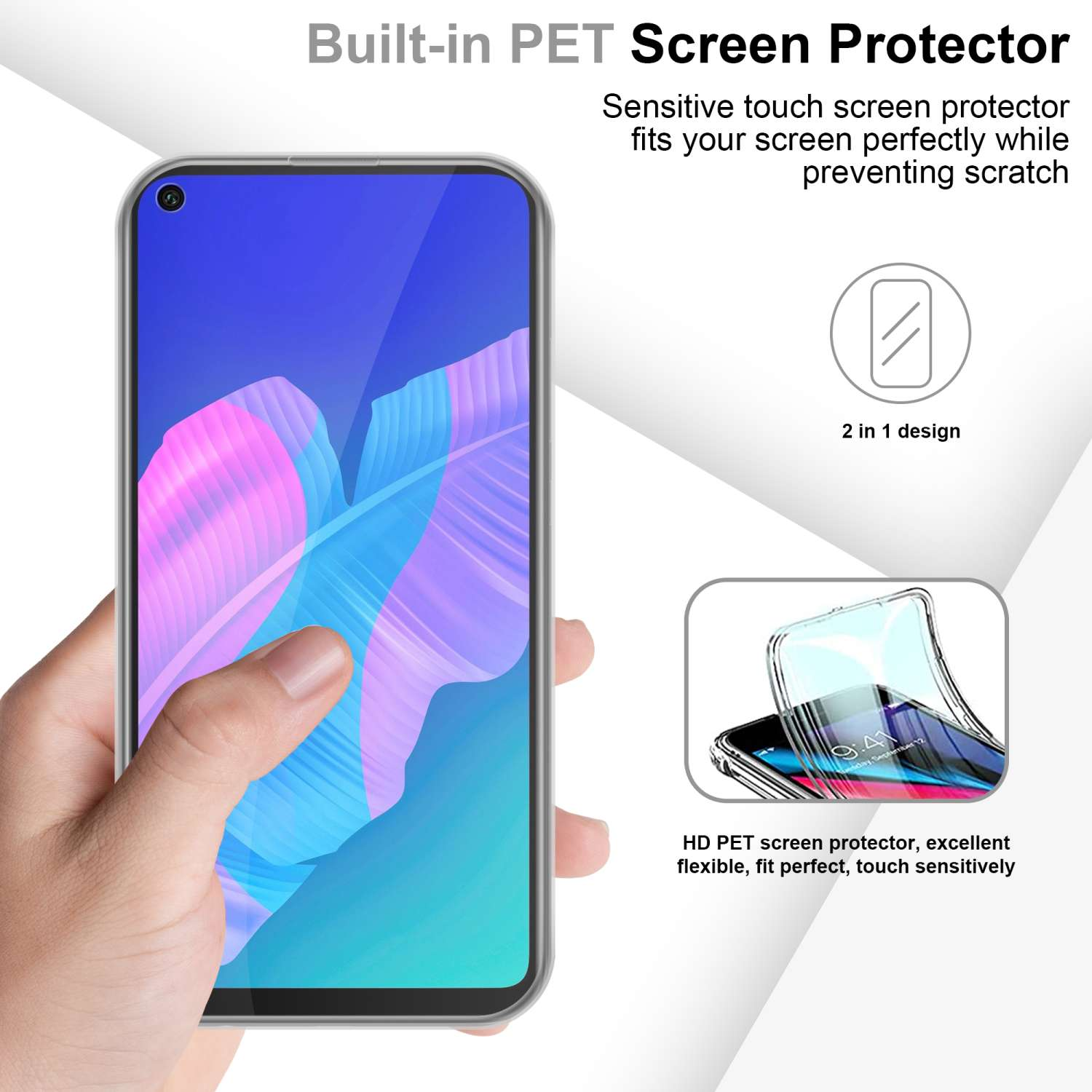 Mano che tiene un telefono con una protezione per lo schermo. C'è una grafica che mostra la protezione per lo schermo.