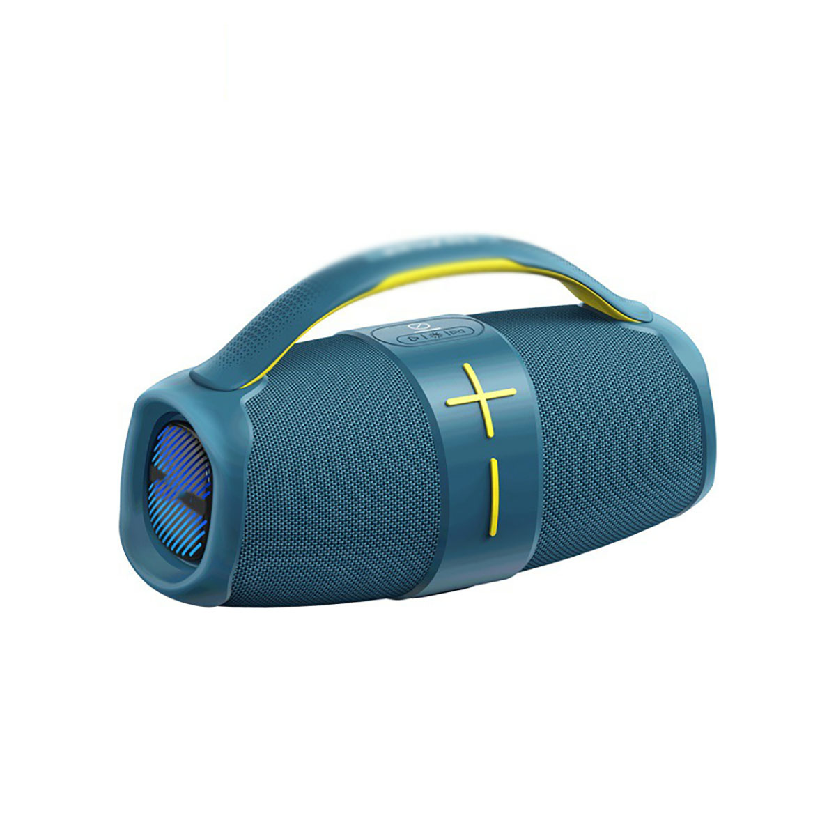 Blau-gelber tragbarer Lautsprecher. Griff oben. Mesh-Front.