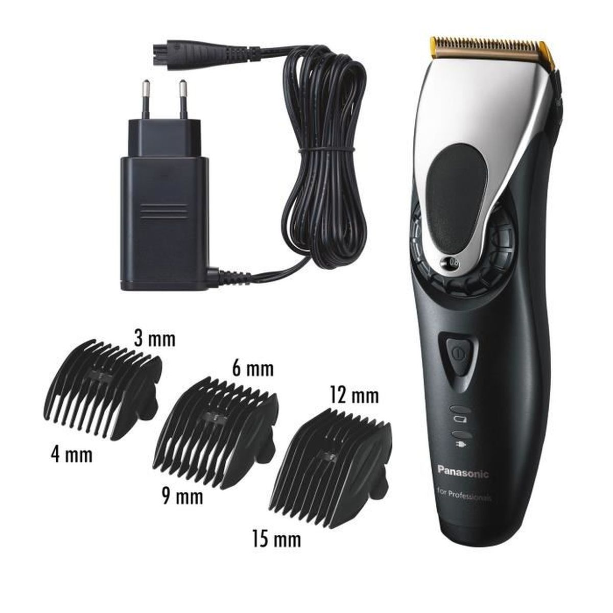 Schwarzer und silberner Panasonic Haarschneider mit Aufsätzen und Ladegerät.
