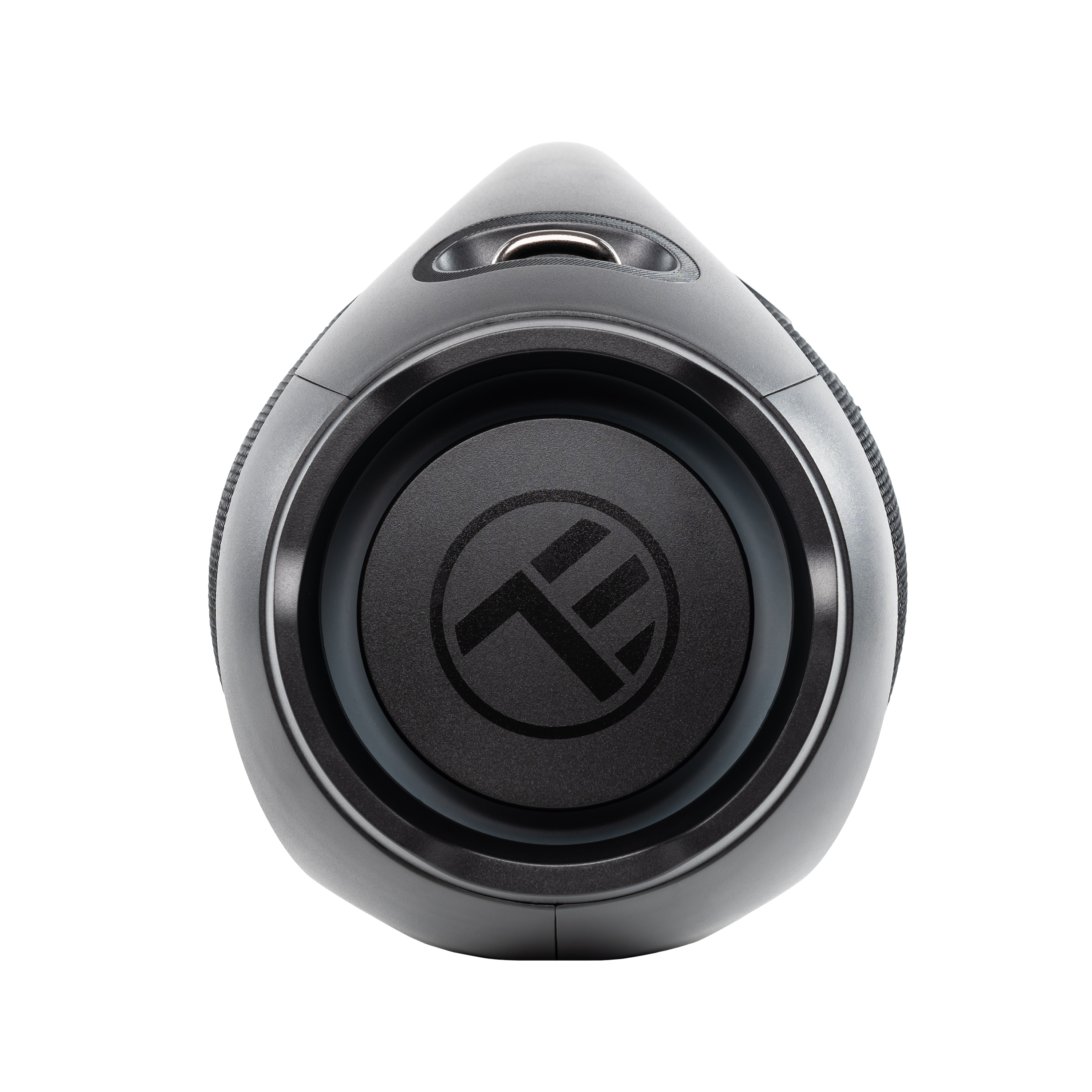 Czarny głośnik z dużym okręgiem pośrodku i logo.