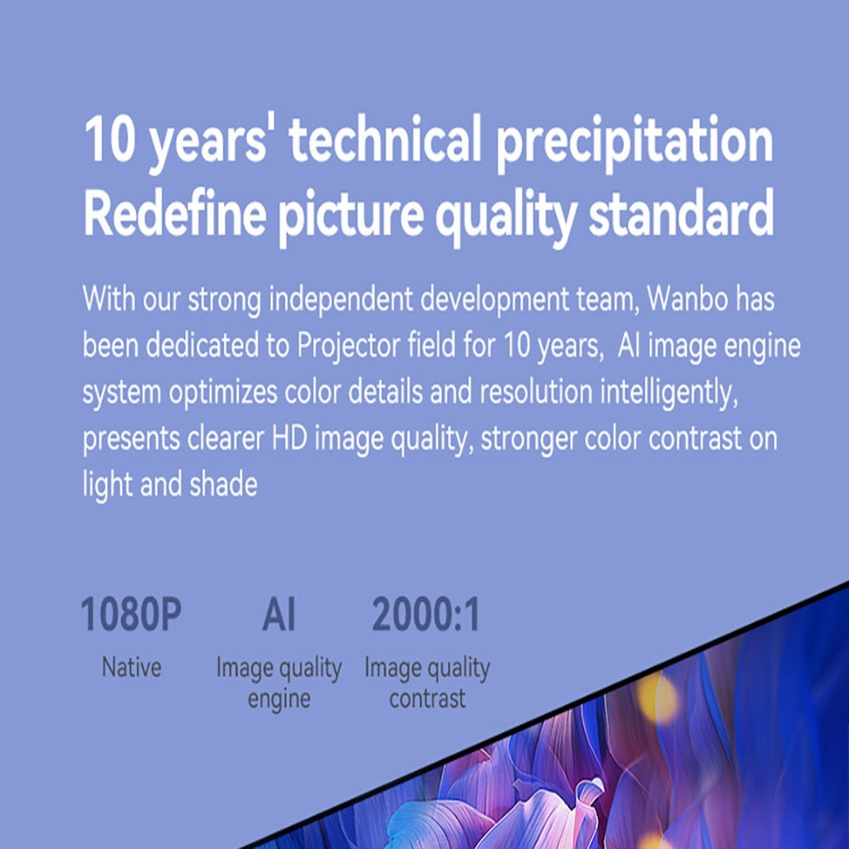 Texto describe las características del producto de un proyector: 10 años de precipitación técnica, 1080P, calidad de imagen AI, contraste 2000:1.