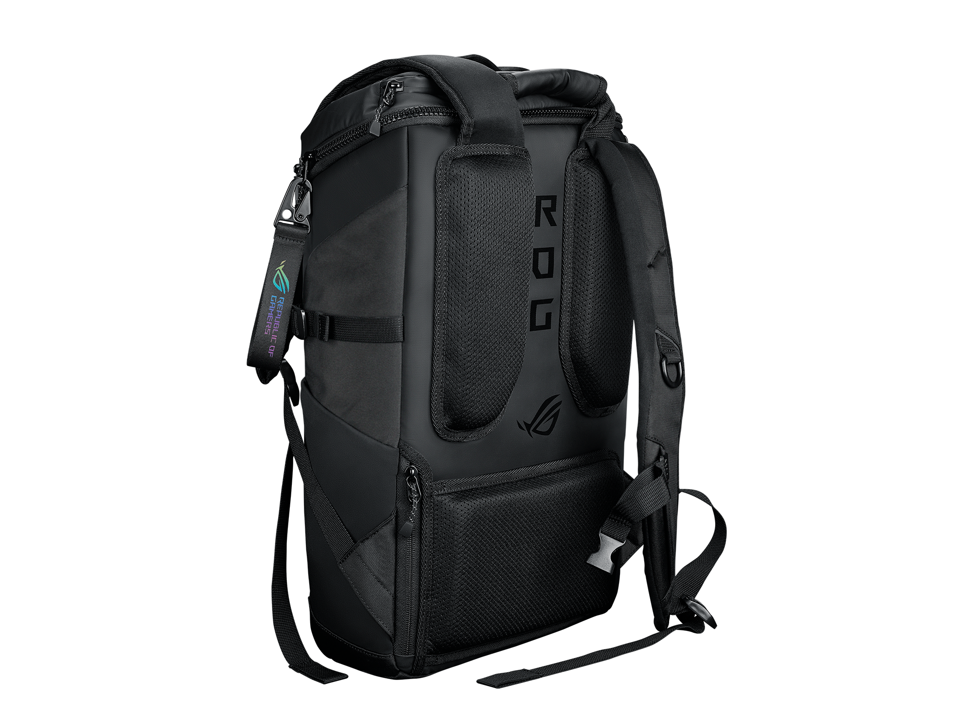 Mochila negra con logo ROG y correas, sobre un fondo negro.