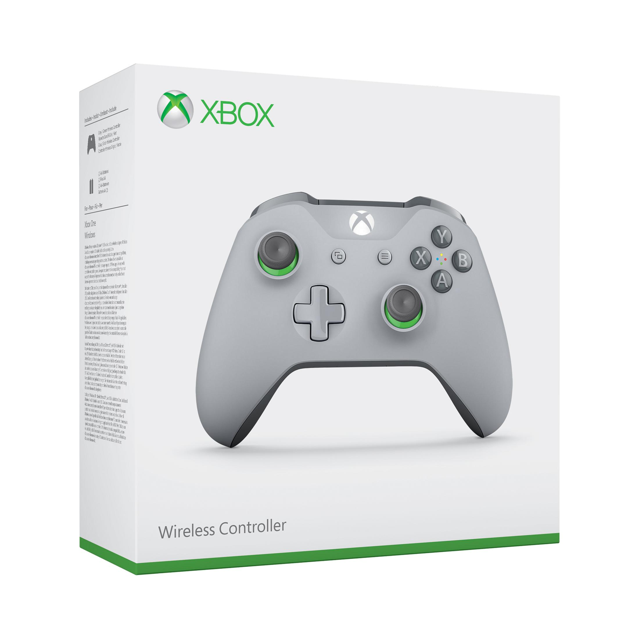 Witte Xbox-controllerdoos met een grijze controller. De doos heeft groene accenten en tekst.