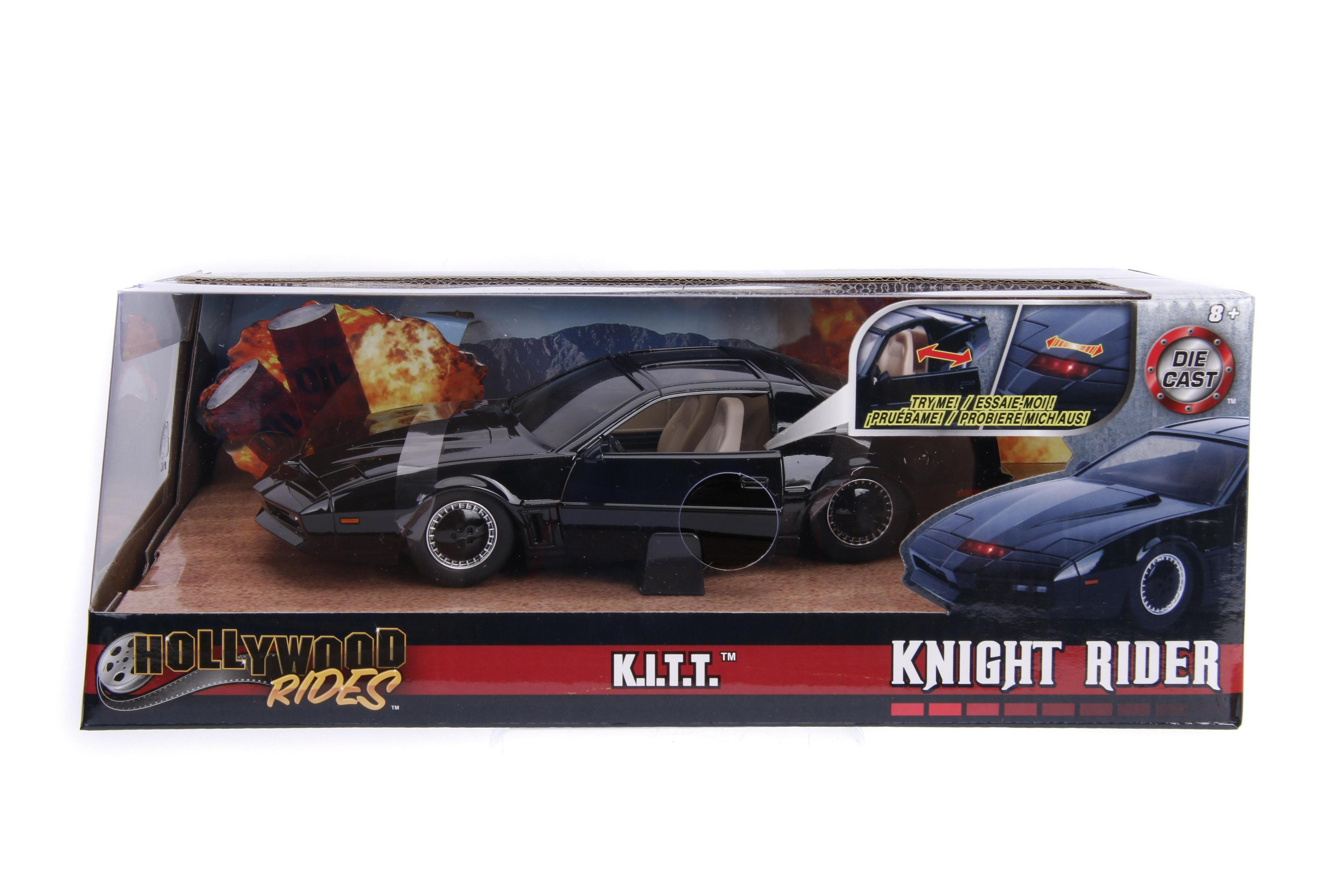 Schwarzes Spielzeugauto in einer Box. Text auf der Box: Hollywood Rides, Knight Rider, K.I.T.T., Druckguss.