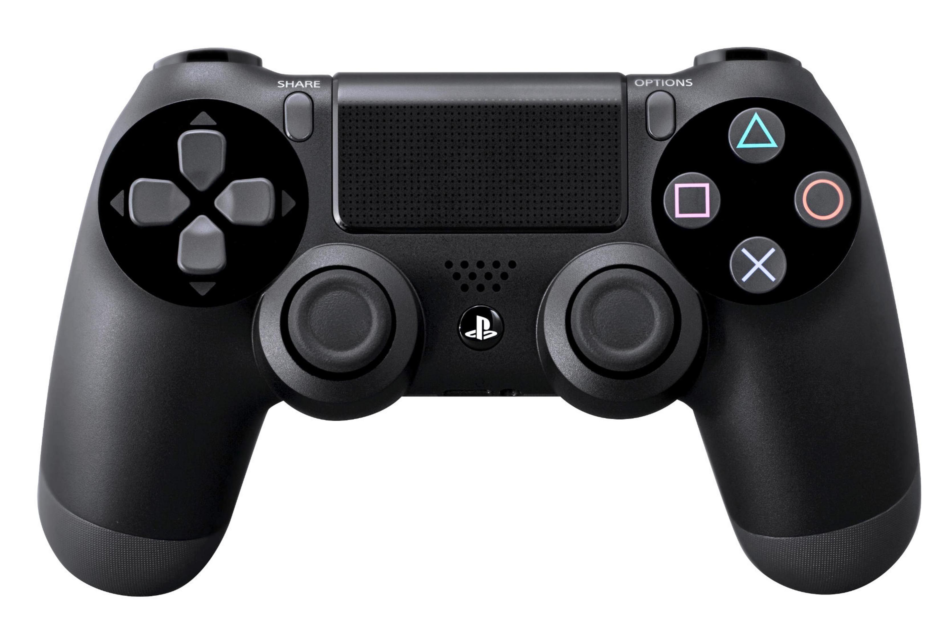Schwarzer PlayStation 4 Controller.  Tasten enthalten Teilen, Optionen und vier farbige Formen.