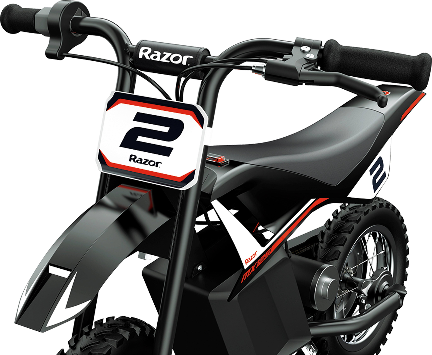 Schwarz-weißes Razor MX350 Elektro-Dirtbike. Lenker, Sitz und Reifen sind sichtbar.