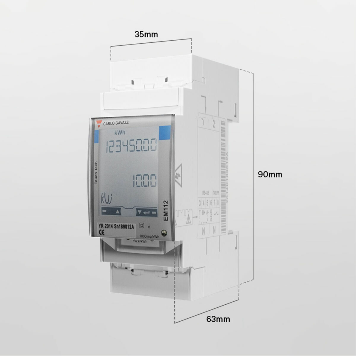 Weißer digitaler Energiezähler mit Abmessungen, zeigt Zahlen und ein digitales Display.