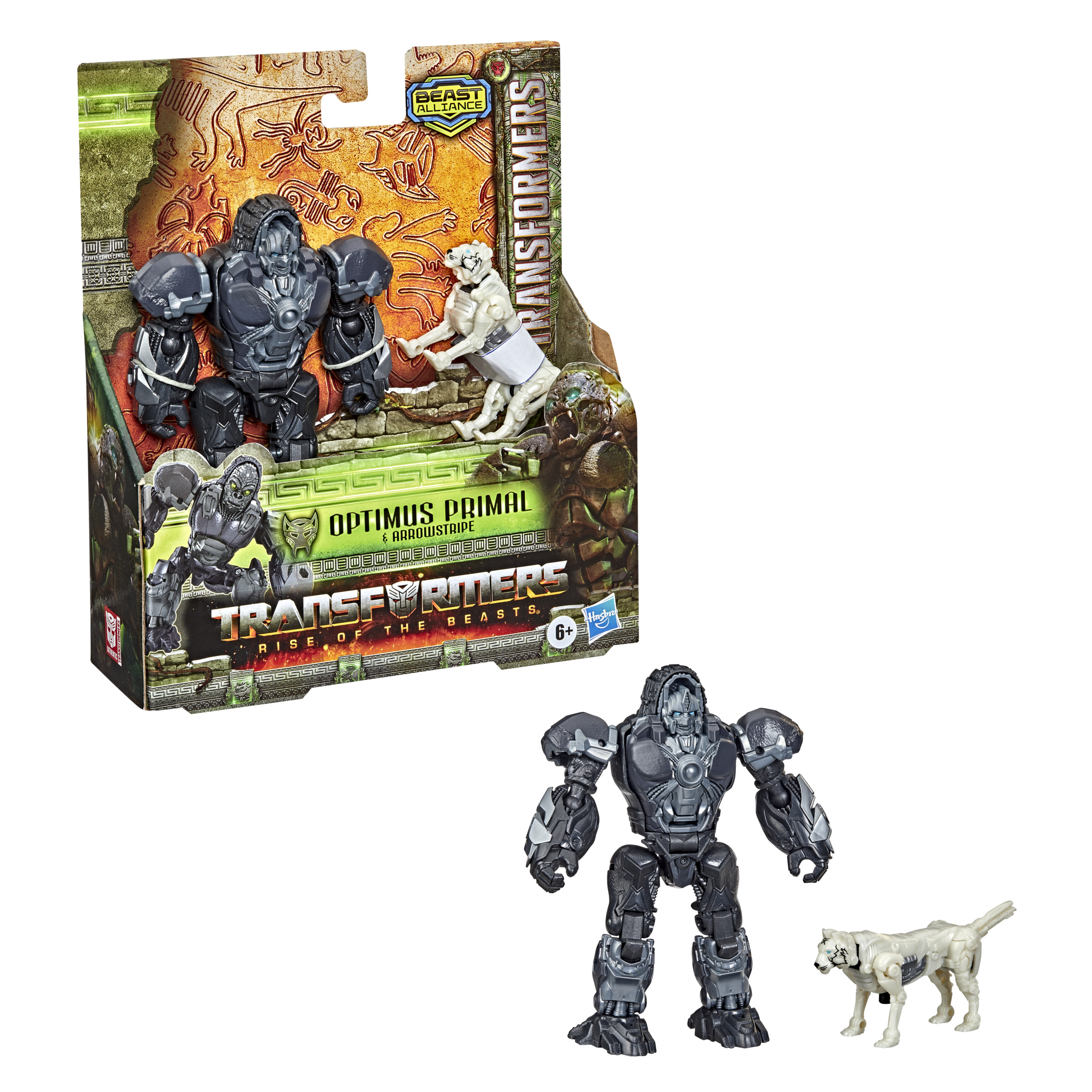 Ein Spielzeugset mit zwei Transformers-Figuren und einer Verpackung mit Bildern und Text.