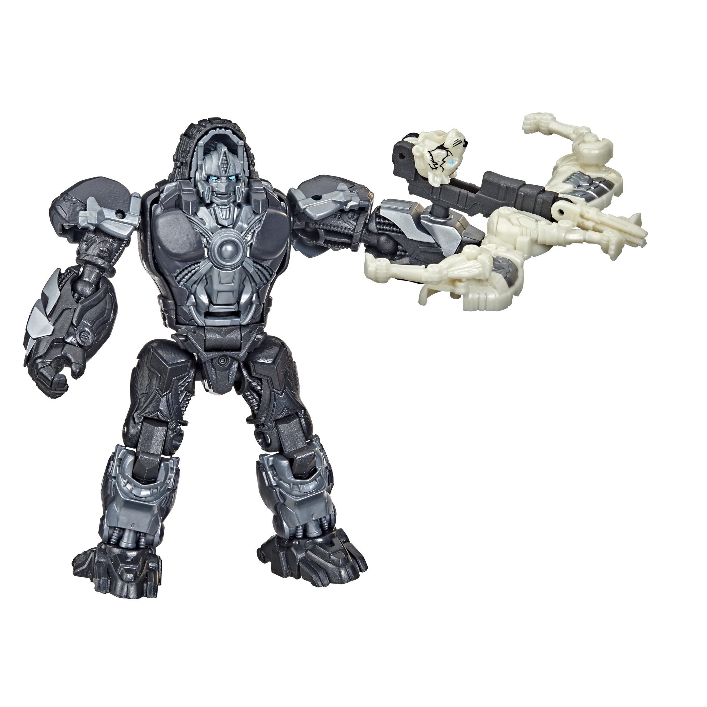 Grau-schwarzes Roboterspielzeug mit einer Waffe in der rechten Hand. Es steht auf einer weißen Oberfläche.