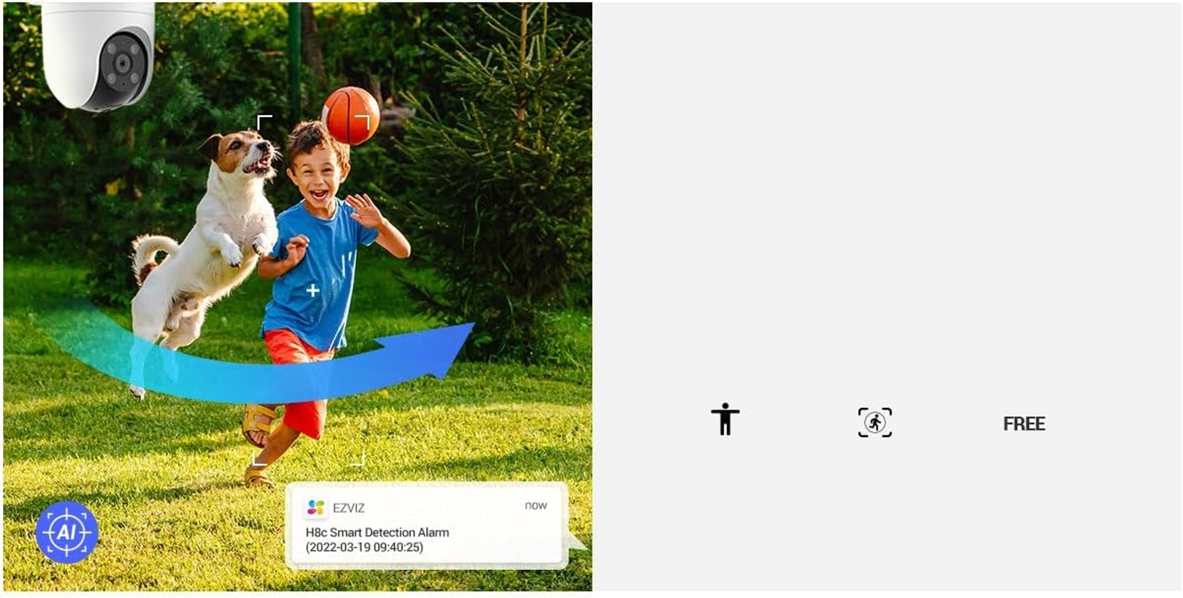 Chłopiec i pies bawią się na podwórku. Kamera jest skierowana na nich. Wyświetlany jest alert EZVIZ.