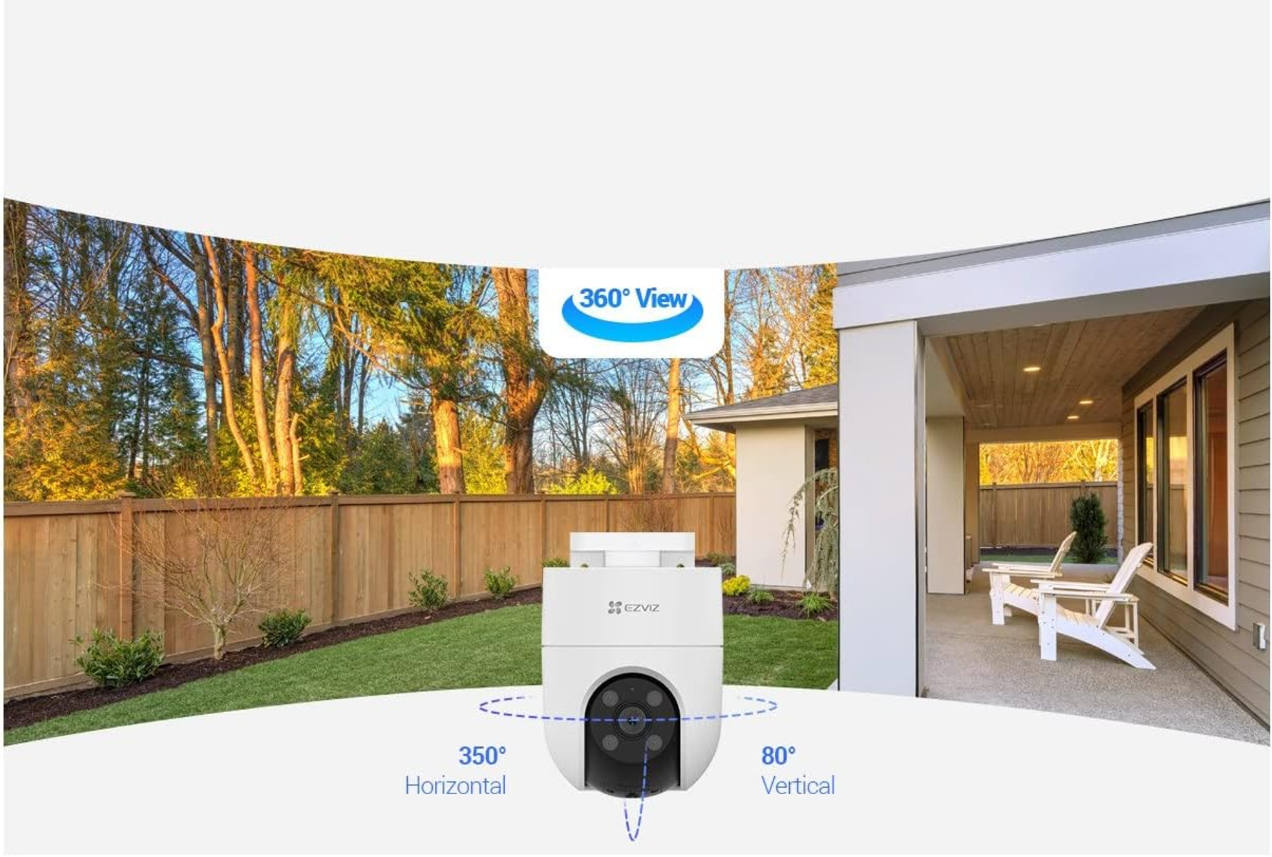 Biało-czarna kamera bezpieczeństwa w ogrodzie, z widokiem 360°. Tekst: Widok 360°.